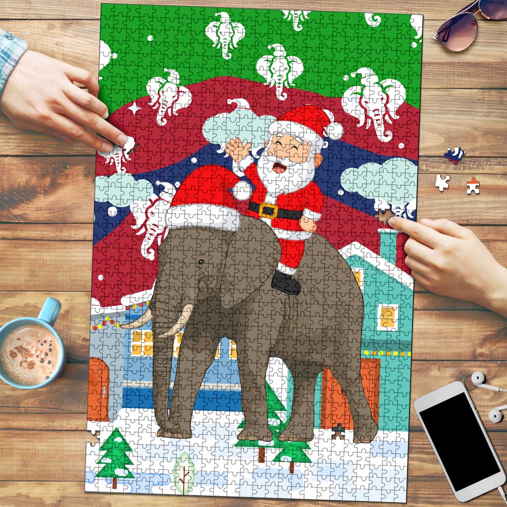 Laos Christmas Puzzle with Santa Riding Elephant and Festive Flag Pattern - Wonder Print Shop