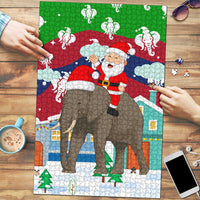 Laos Christmas Puzzle with Santa Riding Elephant and Festive Flag Pattern - Wonder Print Shop