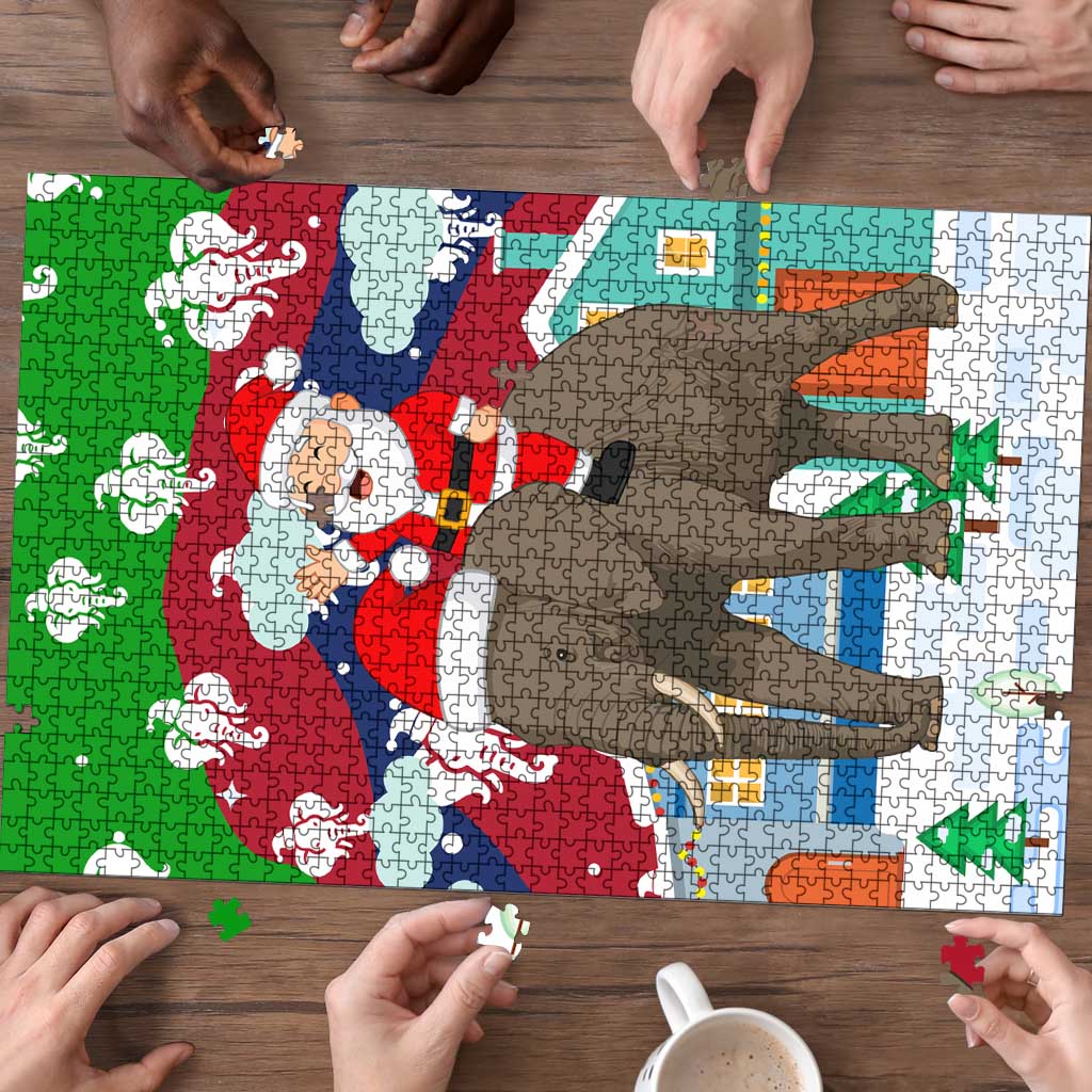 Laos Christmas Puzzle with Santa Riding Elephant and Festive Flag Pattern - Wonder Print Shop