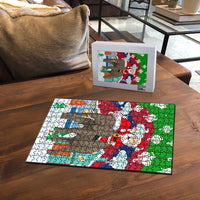 Laos Christmas Puzzle with Santa Riding Elephant and Festive Flag Pattern - Wonder Print Shop