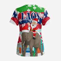 Laos Christmas Scrub Top with Santa Riding Elephant and Festive Flag Pattern - Wonder Print Shop