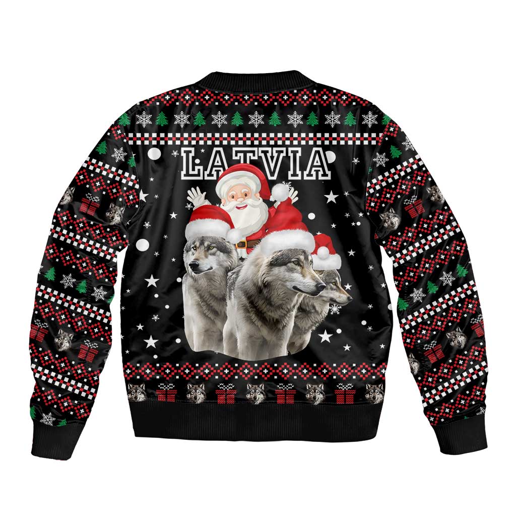 Latvia Christmas Bomber Jacket with Santa Claus and Wolves in Holiday Pattern Design - Wonder Print Shop