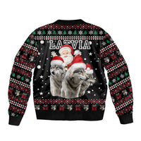 Latvia Christmas Bomber Jacket with Santa Claus and Wolves in Holiday Pattern Design - Wonder Print Shop