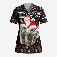 Latvia Christmas Scrub Top with Santa Claus and Wolves in Holiday Pattern Design - Wonder Print Shop