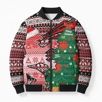 Latvia Christmas Bomber Puffer Jacket with Red Lion, Holiday Tree, and Nordic Pattern Design - Wonder Print Shop