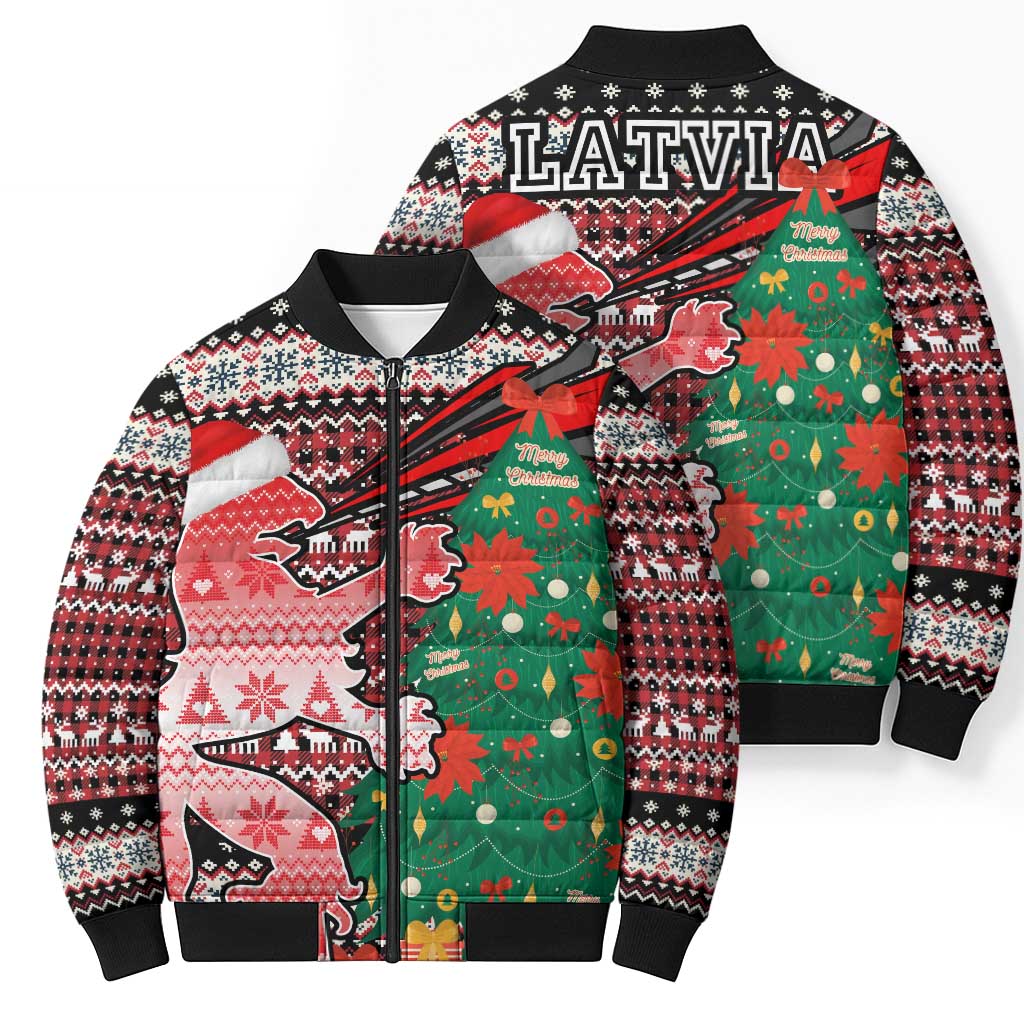 Latvia Christmas Bomber Puffer Jacket with Red Lion, Holiday Tree, and Nordic Pattern Design - Wonder Print Shop