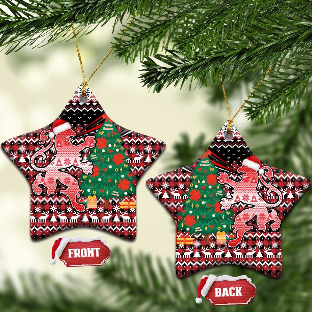 Latvia Christmas Ceramic Ornament with Red Lion, Holiday Tree, and Nordic Pattern Design - Wonder Print Shop
