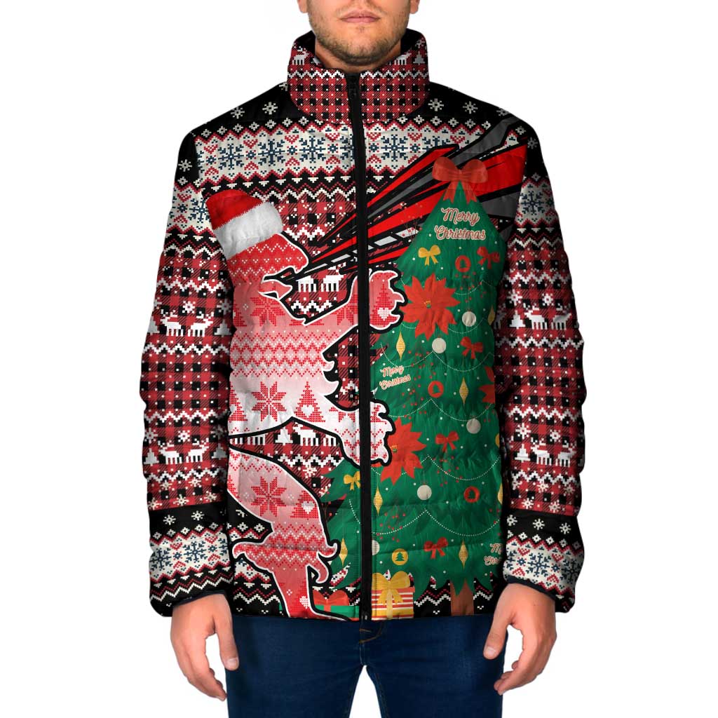 Latvia Christmas Padded Jacket with Red Lion, Holiday Tree, and Nordic Pattern Design - Wonder Print Shop