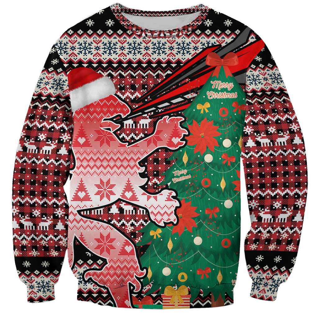 Latvia Christmas Sweatshirt with Red Lion, Holiday Tree, and Nordic Pattern Design - Wonder Print Shop