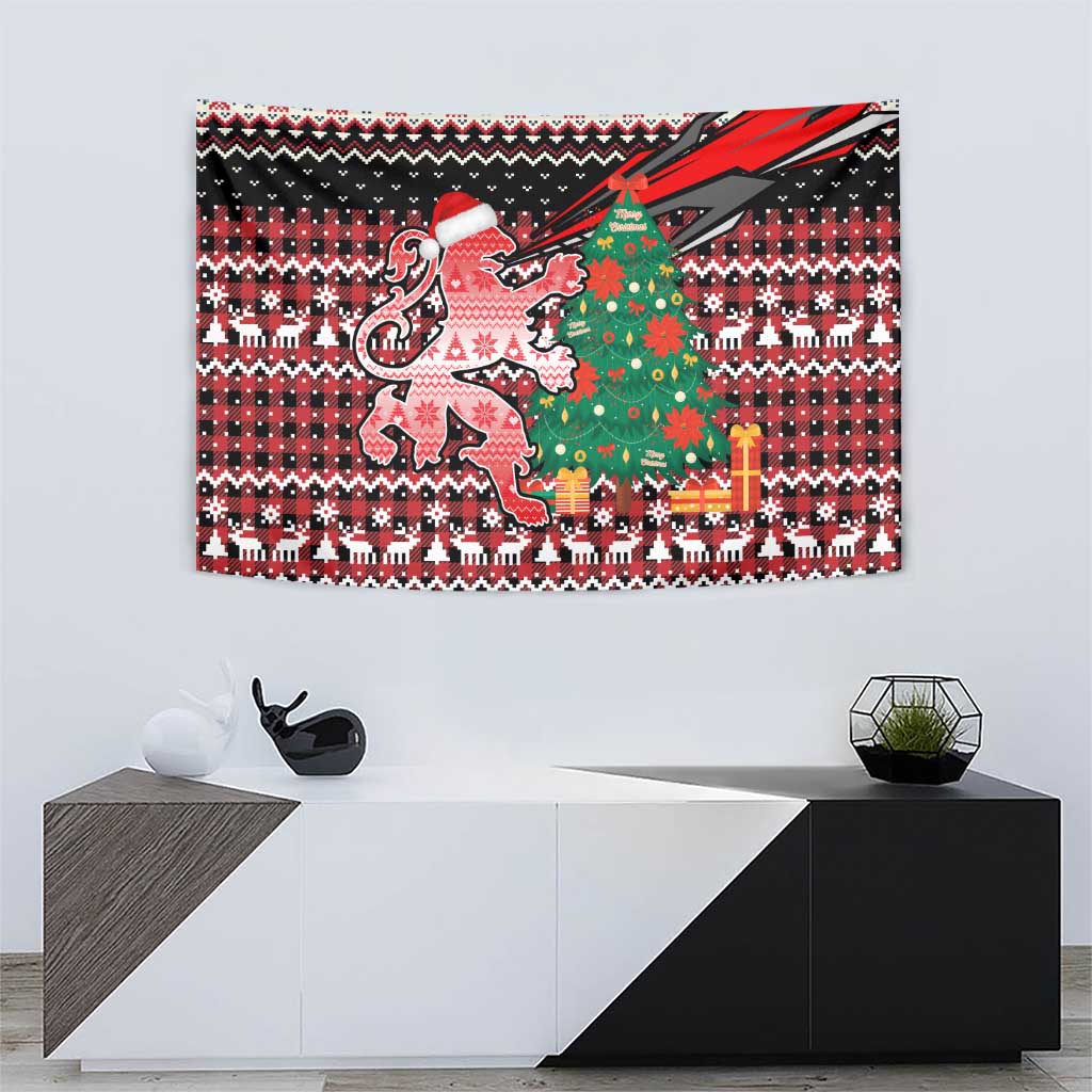 Latvia Christmas Tapestry with Red Lion, Holiday Tree, and Nordic Pattern Design - Wonder Print Shop