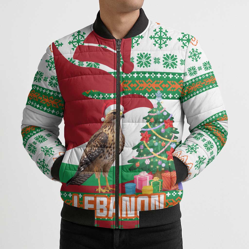 Lebanon Christmas Bomber Puffer Jacket with Falcon, Holiday Tree, and Red Green Snowflake Pattern - Wonder Print Shop