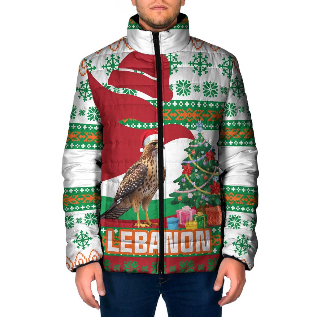 Lebanon Christmas Padded Jacket with Falcon, Holiday Tree, and Red Green Snowflake Pattern - Wonder Print Shop