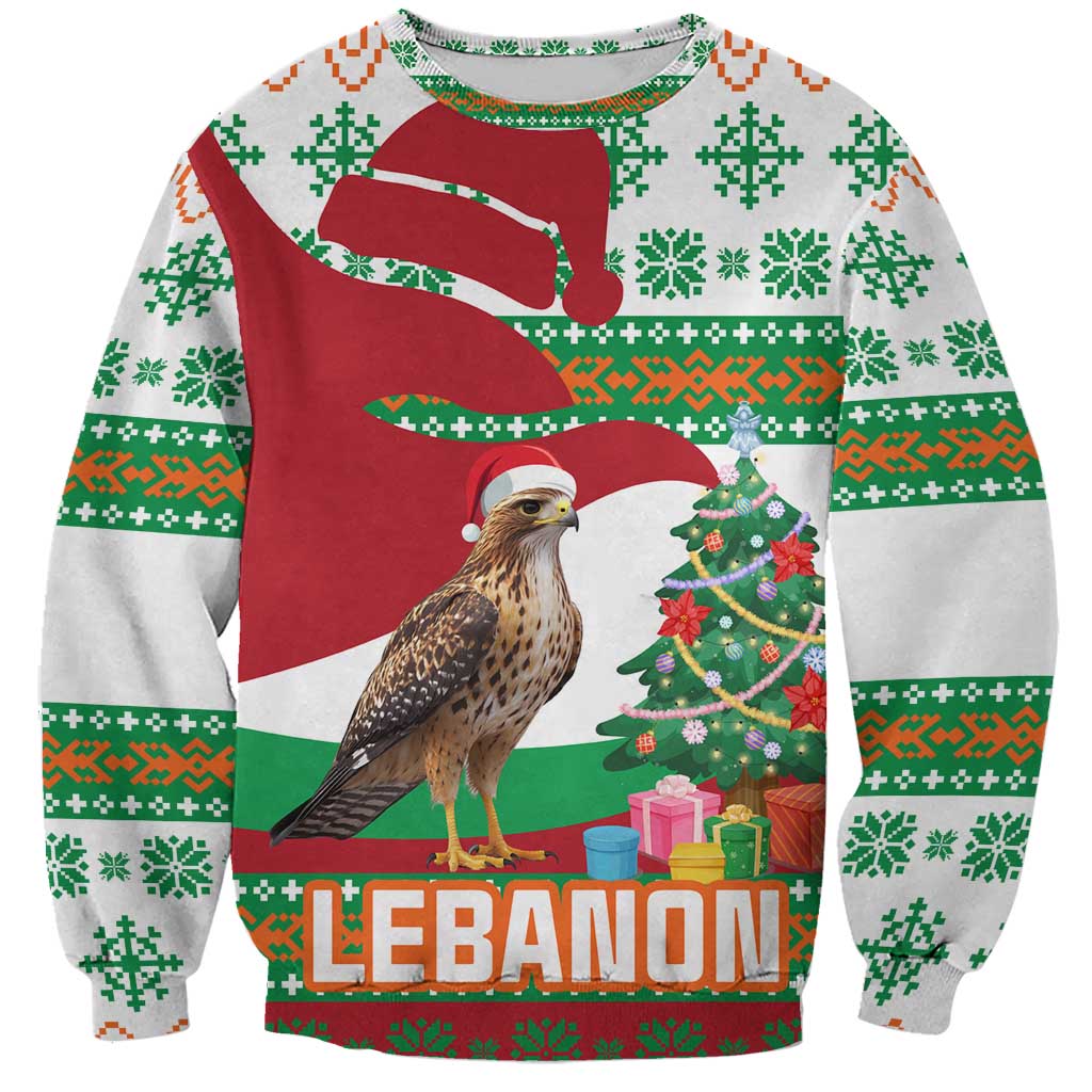 Lebanon Christmas Sweatshirt with Falcon, Holiday Tree, and Red Green Snowflake Pattern - Wonder Print Shop