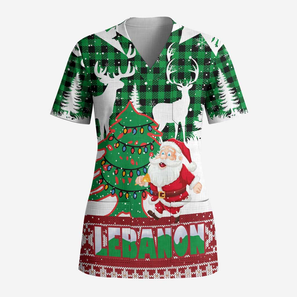 Lebanon Christmas Scrub Top with Santa Claus Reindeer Trees and Festive Knit Pattern - Wonder Print Shop