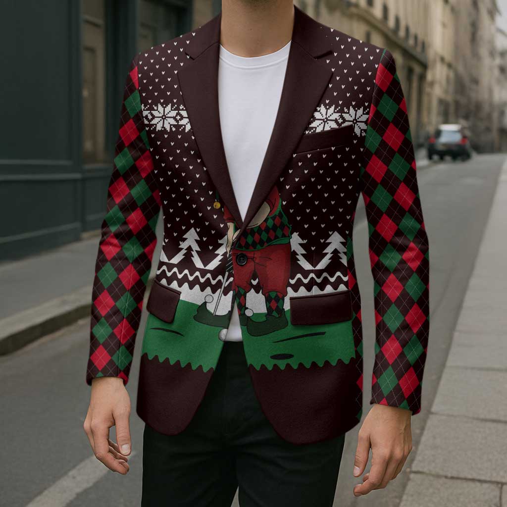 Christmas Golf Blazer with Elf Golfer Argyle Plaid and Snowflake Pattern - Wonder Print Shop