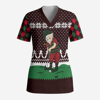 Christmas Golf Scrub Top with Elf Golfer Argyle Plaid and Snowflake Pattern - Wonder Print Shop