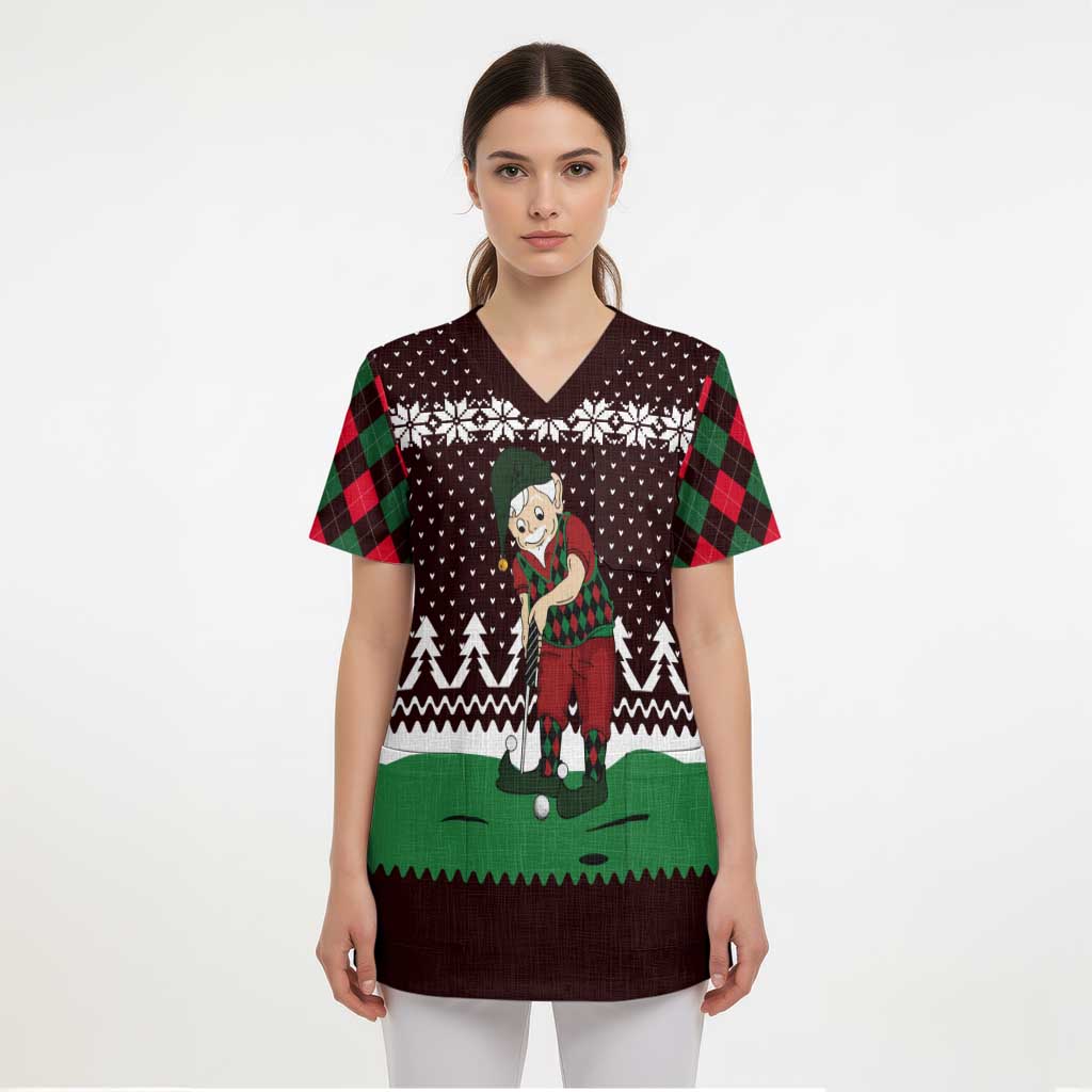 Christmas Golf Scrub Top with Elf Golfer Argyle Plaid and Snowflake Pattern - Wonder Print Shop