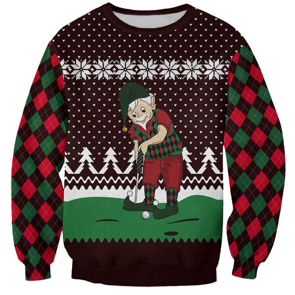 Christmas Golf Sweatshirt with Elf Golfer Argyle Plaid and Snowflake Pattern - Wonder Print Shop
