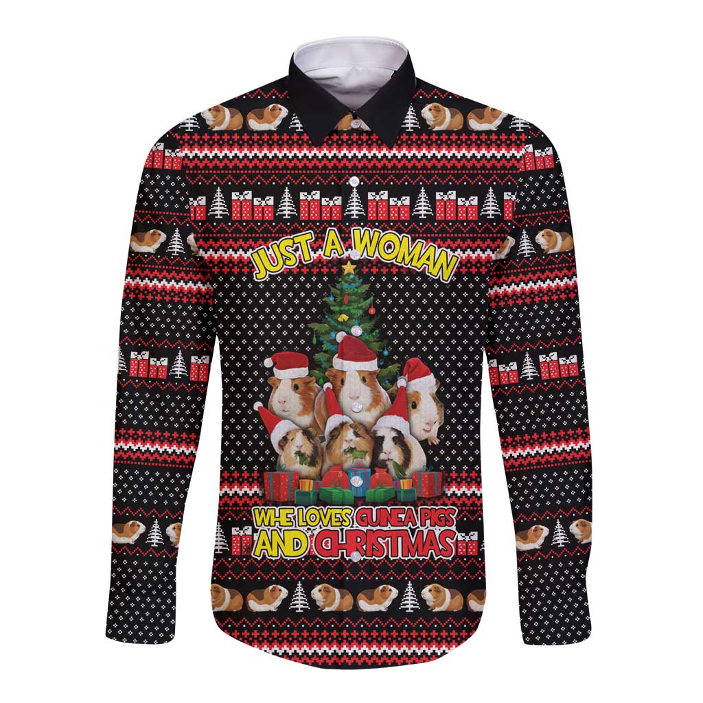 Guinea Pig Christmas Long Sleeve Button Shirt with Santa Hats Tree and Festive Gift Pattern - Wonder Print Shop