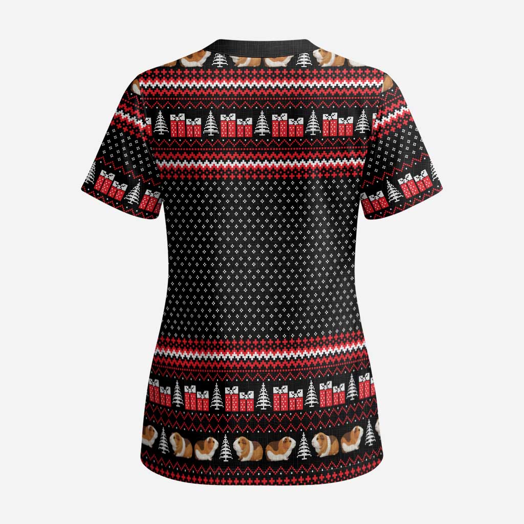 Guinea Pig Christmas Scrub Top with Santa Hats Tree and Festive Gift Pattern - Wonder Print Shop