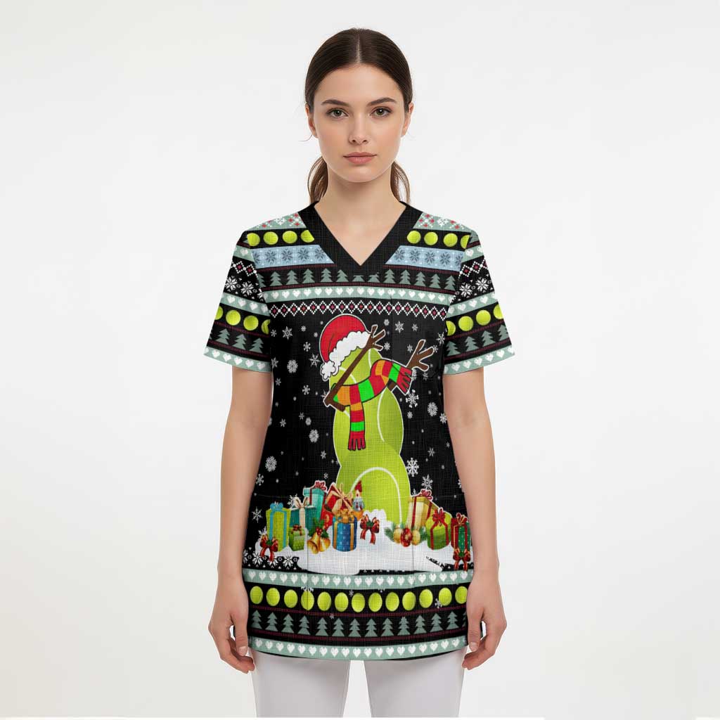 Tennis Snowman Christmas Scrub Top Xmas Holiday Patterns - Wonder Print Shop