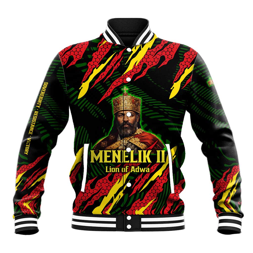Menelik II Baseball Jacket with Lion of Adwa Title, Battle of Adwa 1896 Graphic and Bold Pan-African - Wonder Print Shop