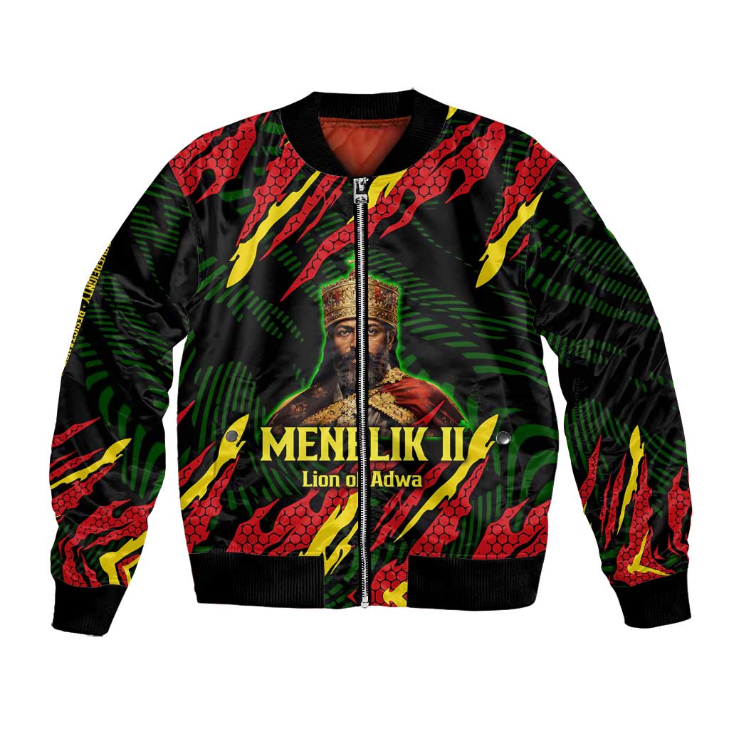 Menelik II Bomber Jacket with Lion of Adwa Title, Battle of Adwa 1896 Graphic and Bold Pan-African - Wonder Print Shop