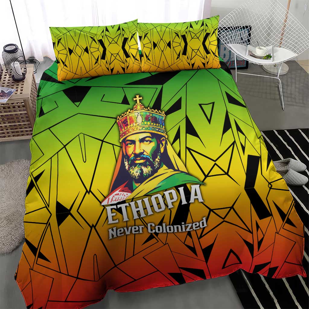 Menelik II Bedding Set with Crowned Portrait, Ethiopia Never Colonized Text and Pan-African Abstract - Wonder Print Shop