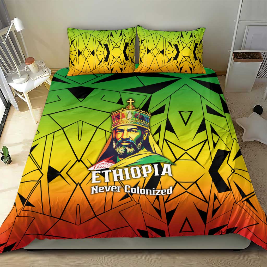 Menelik II Bedding Set with Crowned Portrait, Ethiopia Never Colonized Text and Pan-African Abstract - Wonder Print Shop