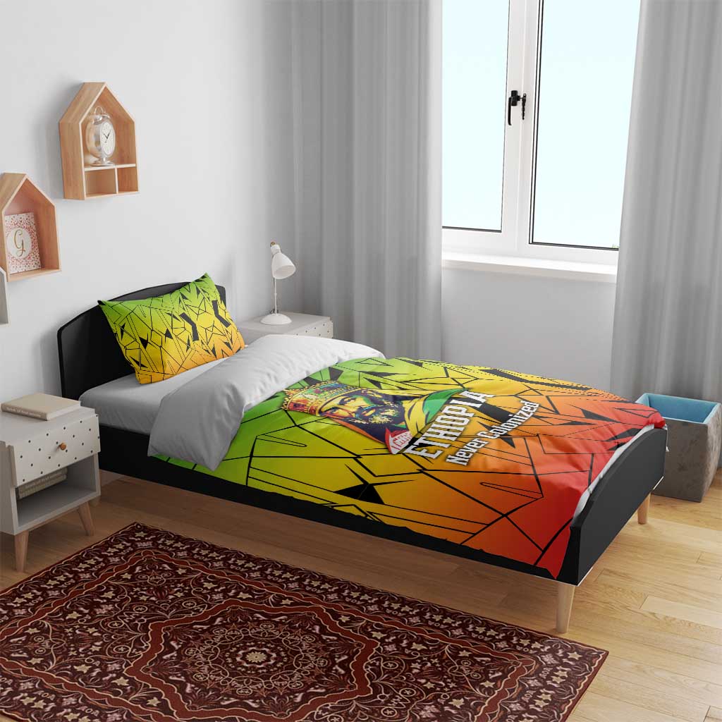 Menelik II Bedding Set with Crowned Portrait, Ethiopia Never Colonized Text and Pan-African Abstract - Wonder Print Shop