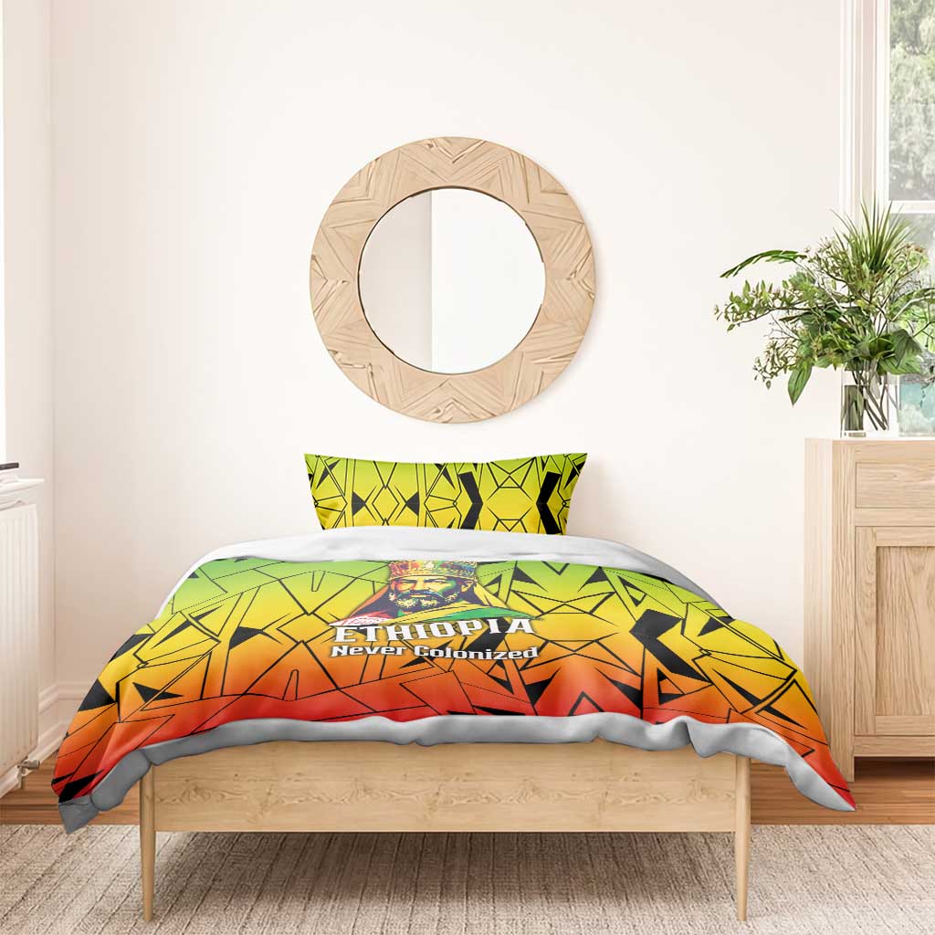 Menelik II Bedding Set with Crowned Portrait, Ethiopia Never Colonized Text and Pan-African Abstract - Wonder Print Shop