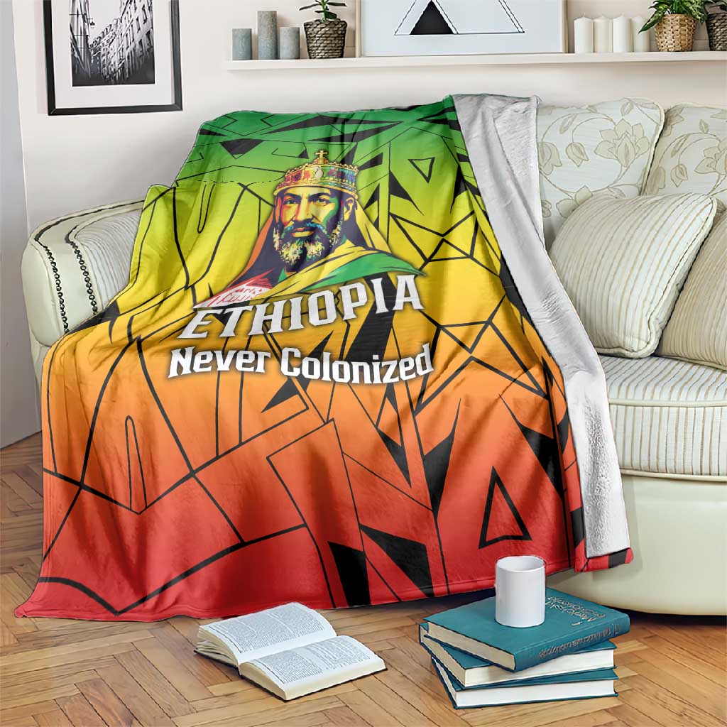 Menelik II Blanket with Crowned Portrait, Ethiopia Never Colonized Text and Pan-African Abstract - Wonder Print Shop