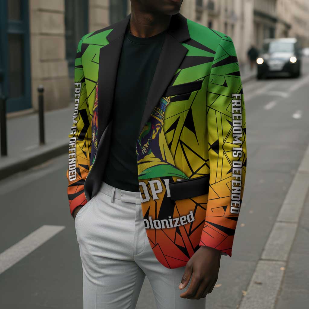 Menelik II Blazer with Crowned Portrait, Ethiopia Never Colonized Text and Pan-African Abstract - Wonder Print Shop