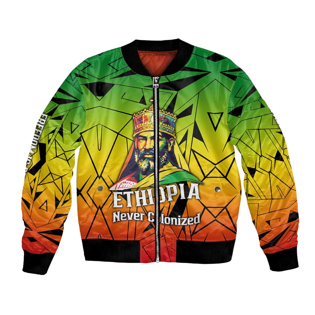 Menelik II Bomber Jacket with Crowned Portrait, Ethiopia Never Colonized Text and Pan-African Abstract - Wonder Print Shop