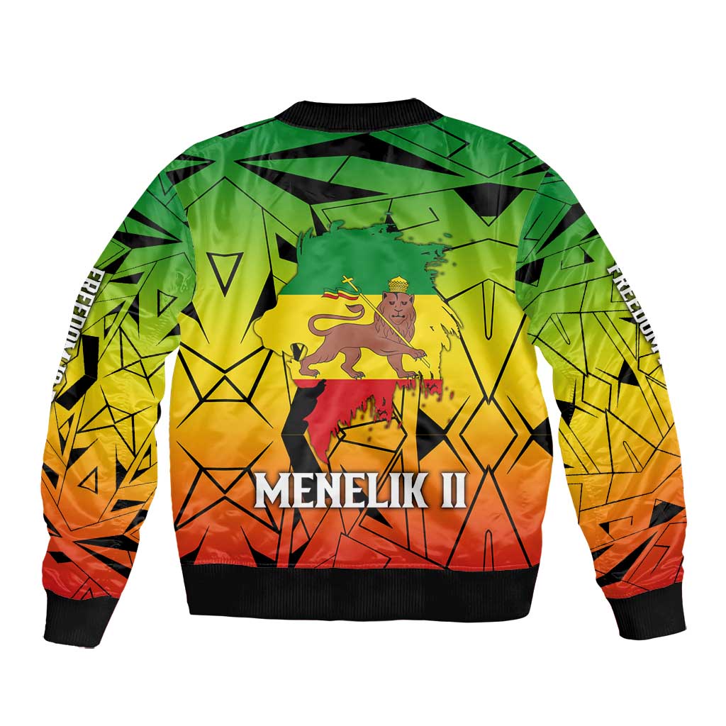 Menelik II Bomber Jacket with Crowned Portrait, Ethiopia Never Colonized Text and Pan-African Abstract - Wonder Print Shop