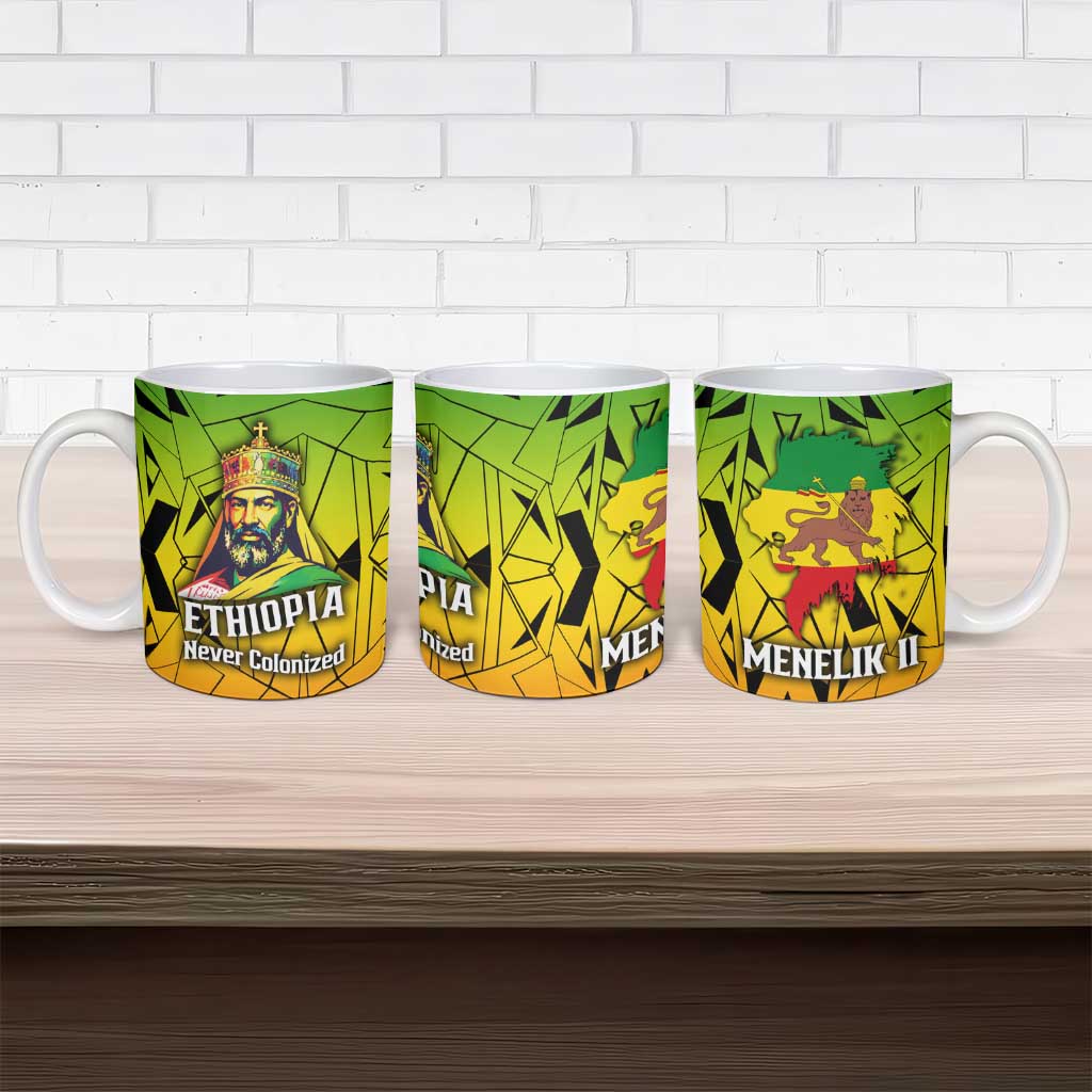Menelik II Ceramic Mug with Crowned Portrait, Ethiopia Never Colonized Text and Pan-African Abstract - Wonder Print Shop