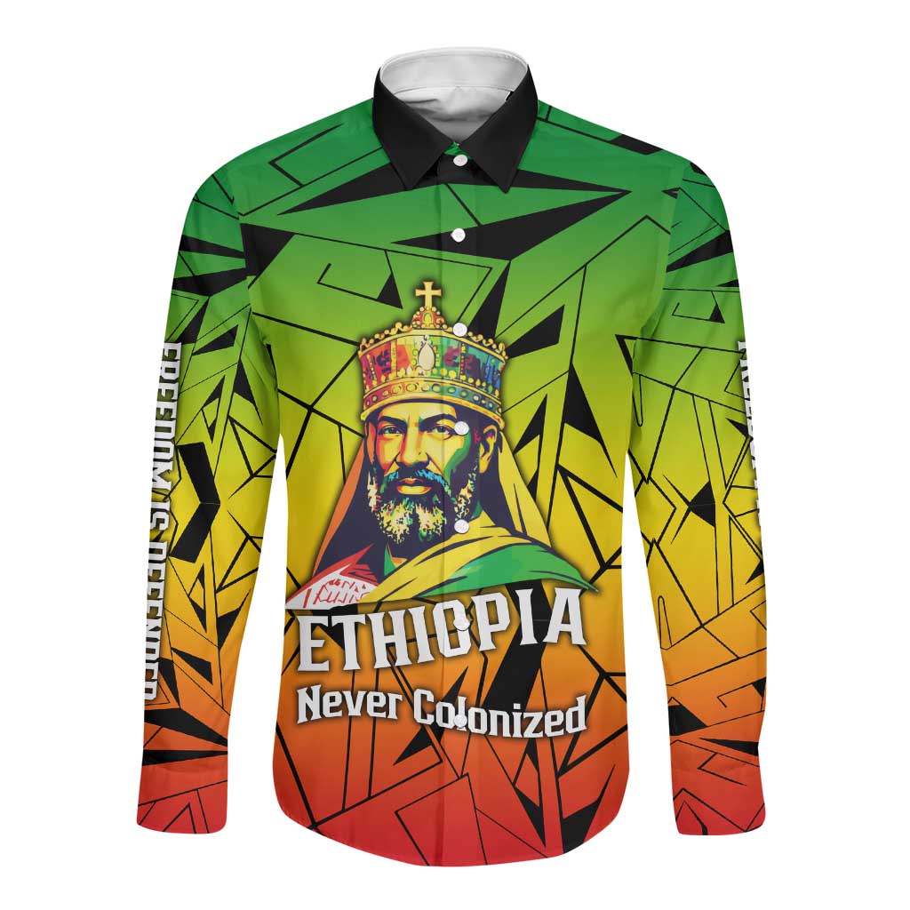 Menelik II Long Sleeve Button Shirt with Crowned Portrait, Ethiopia Never Colonized Text and Pan-African Abstract - Wonder Print Shop