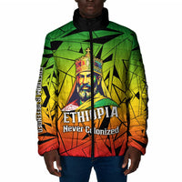 Menelik II Padded Jacket with Crowned Portrait, Ethiopia Never Colonized Text and Pan-African Abstract - Wonder Print Shop