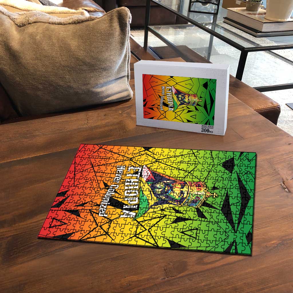 Menelik II Puzzle with Crowned Portrait, Ethiopia Never Colonized Text and Pan-African Abstract - Wonder Print Shop