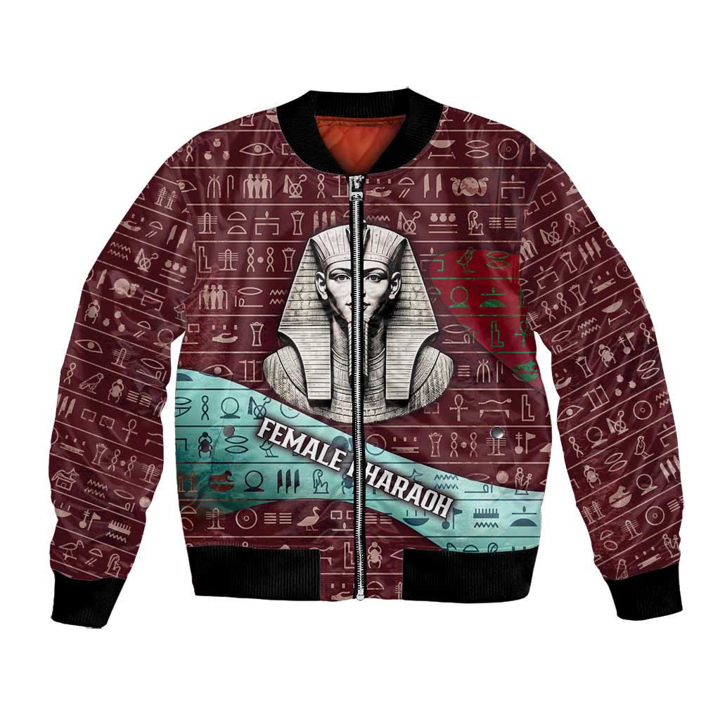 Hatshepsut Bomber Jacket with Pharaoh Bust Illustration, Female Pharaoh Title and Egyptian Hieroglyph - Wonder Print Shop