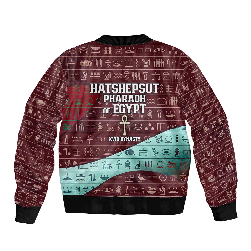 Hatshepsut Bomber Jacket with Pharaoh Bust Illustration, Female Pharaoh Title and Egyptian Hieroglyph - Wonder Print Shop