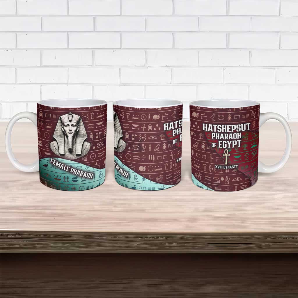 Hatshepsut Ceramic Mug with Pharaoh Bust Illustration, Female Pharaoh Title and Egyptian Hieroglyph - Wonder Print Shop