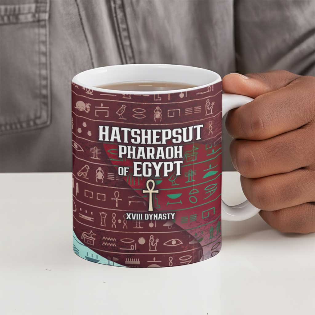 Hatshepsut Ceramic Mug with Pharaoh Bust Illustration, Female Pharaoh Title and Egyptian Hieroglyph - Wonder Print Shop