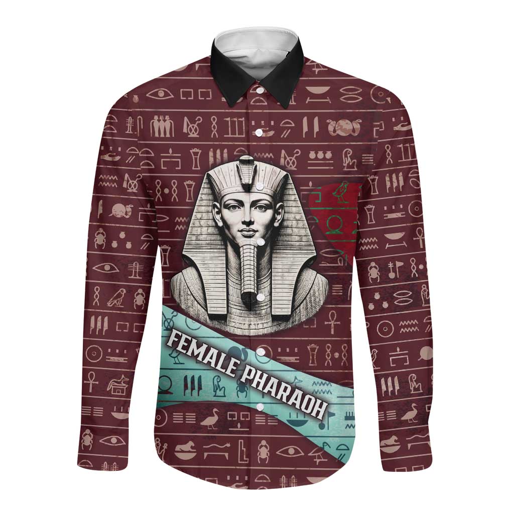 Hatshepsut Long Sleeve Button Shirt with Pharaoh Bust Illustration, Female Pharaoh Title and Egyptian Hieroglyph - Wonder Print Shop