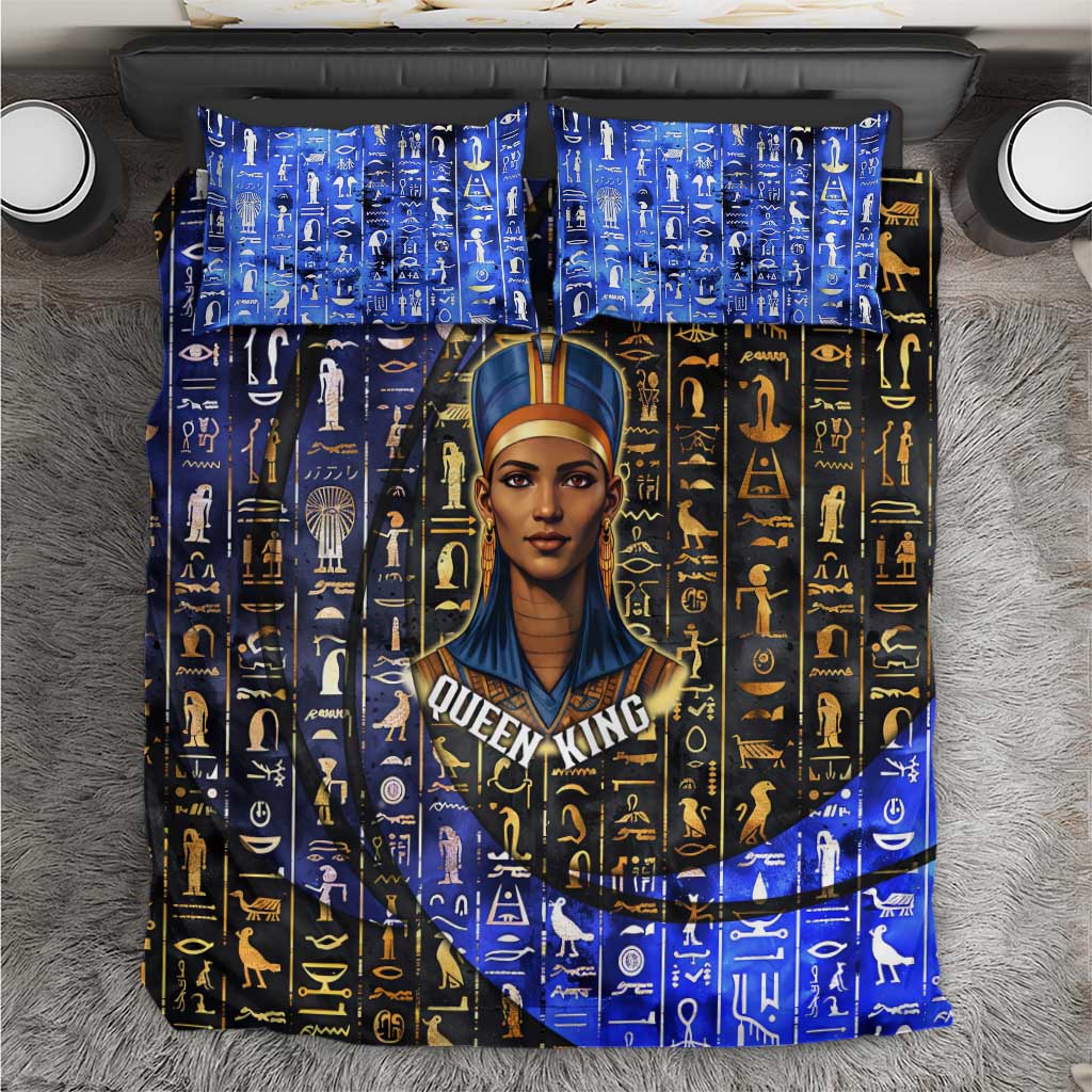 Hatshepsut Bedding Set with Queen King Portrait, Temple Illustration and Blue-Gold Hieroglyphic - Wonder Print Shop