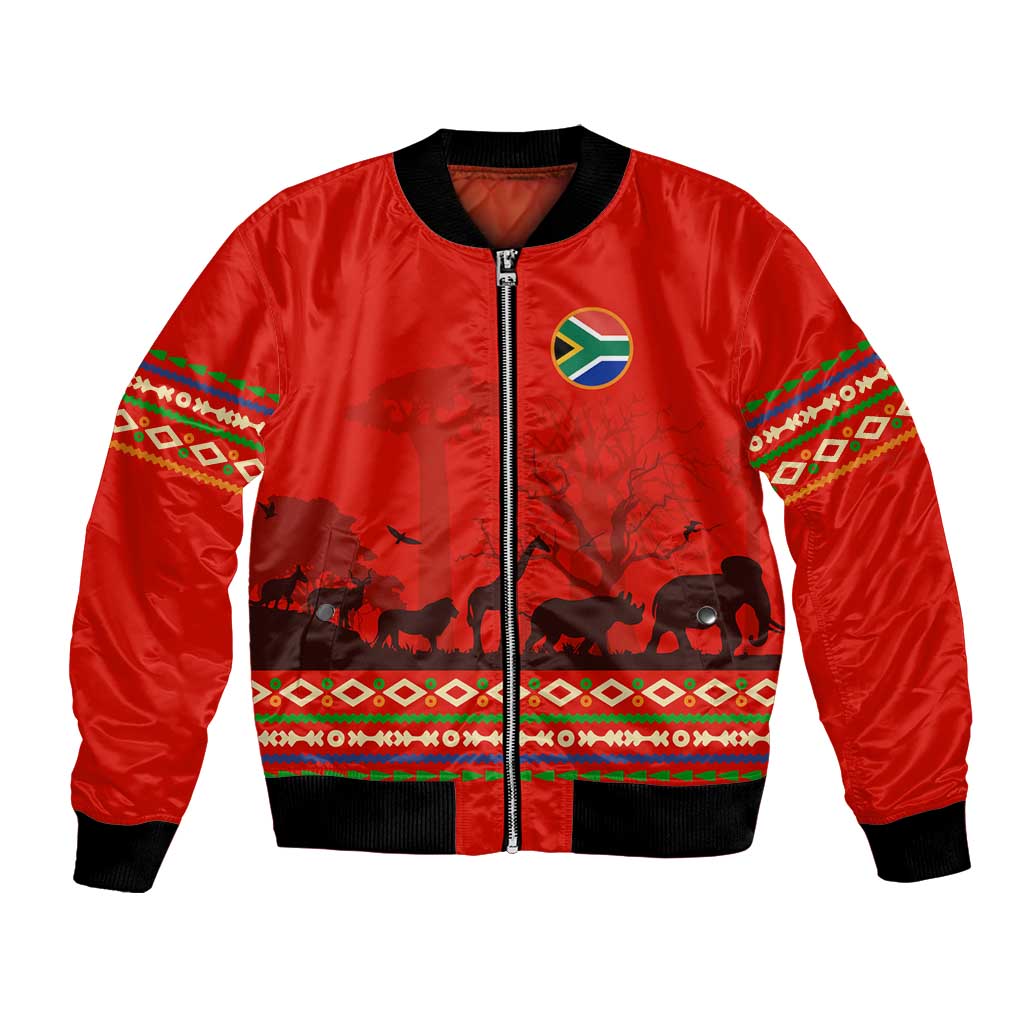 Red bomber jacket with black ribbed collar and cuffs, front zipper, wildlife and flag emblem