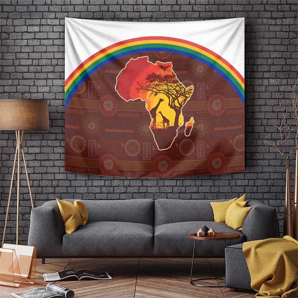 African Sunset Heritage Tapestry Tribal Pattern with Continent Silhouette, Rainbow Arc & Safari Scene