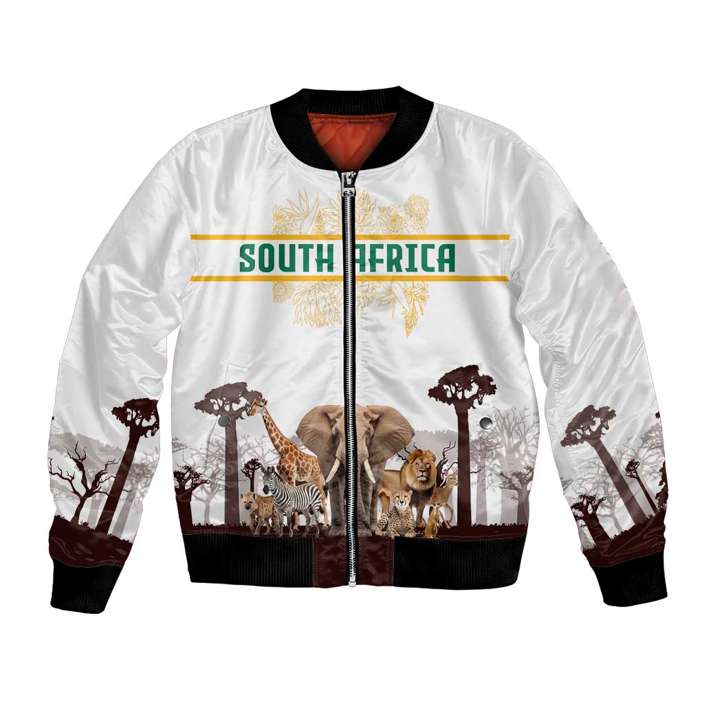 White bomber jacket with South Africa flag, Big Five wildlife print, full front zipper