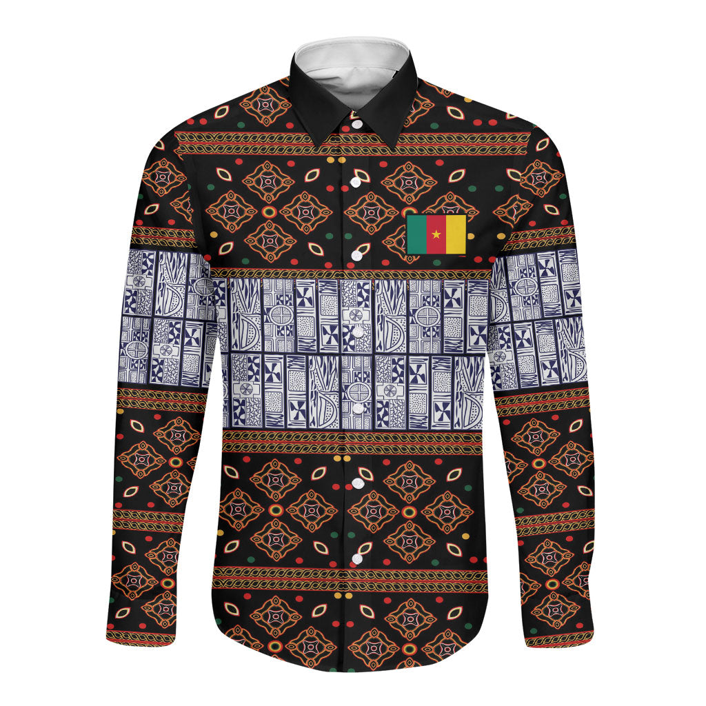 Cameroon Toghu Long Sleeve Button Shirt Flag Coat Of Arms - Traditional Bamenda Art