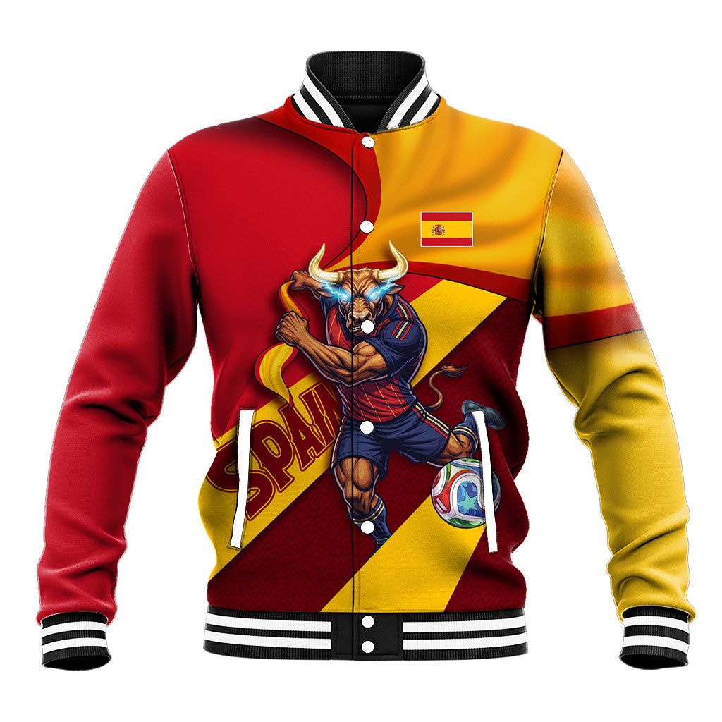 Personalized Spain Football Baseball Jacket Spanish Soccer Team Flag Bull Mascot